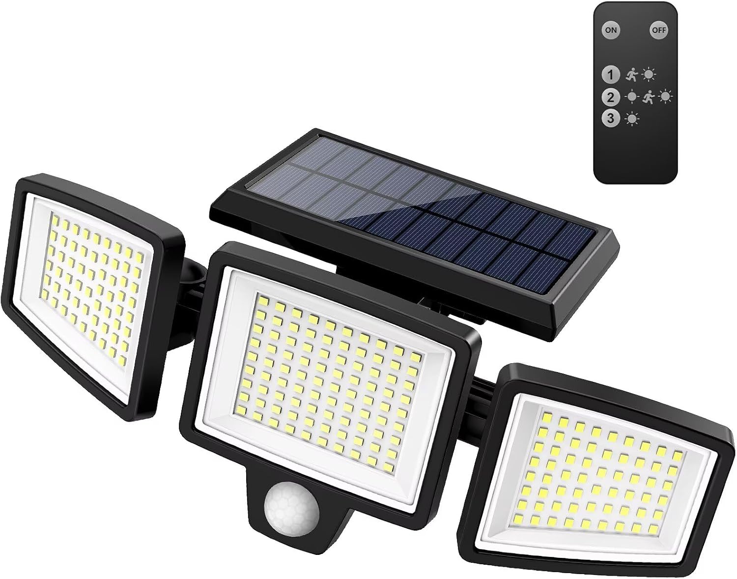 Tuffenough Solar Outdoor Lights 2500LM 210 LED Security Lights with Remote Control,3 Heads Motion Sensor Lights, IP65 Waterproof,270° Wide Angle Fl...